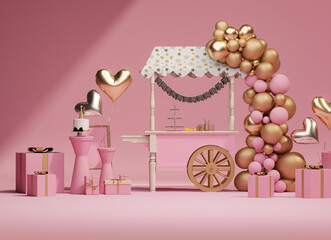 Luxury Birthday Party Decoration with Golden Pink Balloons, Gifts and Wooden Cart on Beige Background