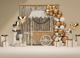 Luxury Birthday Party Decoration with Golden Balloons, Gifts and Wooden Cart on Beige Background