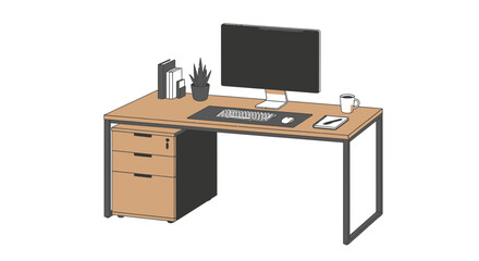 Modern Workplace Setup with Computer, Accessories, and Drawer Storage