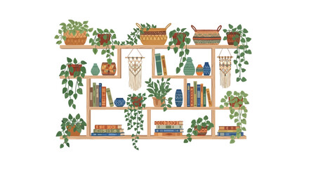 Whimsical bookshelf adorned with plants, books, and macrame art pieces