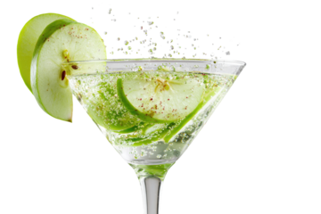 Sparkling green apple cocktail in martini glass, with splashing effervescence