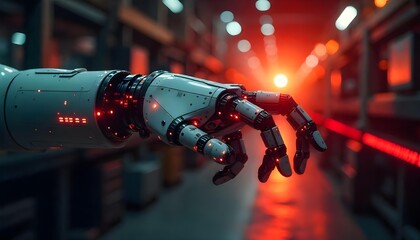 Futuristic robotic arm with glowing joints and circuit patterns, dark tech background with light trails.