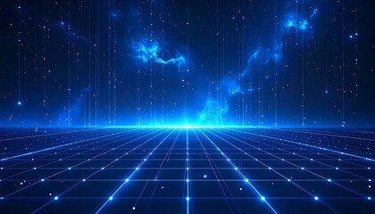 A digitally rendered landscape, showcasing a grid-like pathway, with glowing blue lines and points, set against a backdrop of cosmic nebulae and falling stars.