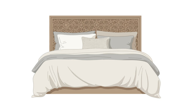 Cozy bedroom setup featuring a decorated wooden headboard and soft bedding