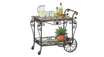 Elegant drinks trolley with citrus beverage and plant, ornate metalwork