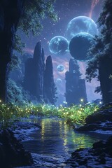 A serene landscape with a river flowing through a forest under a sky with floating planets