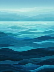 Vast Blue Ocean Waves in a Serene Artistic Portrayal Set Against a Calm Horizon at Dusk