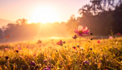 Obraz premium meadow flowers in early sunny fresh morning Vintage autumn landscape background colorful beautiful fall flowers magical