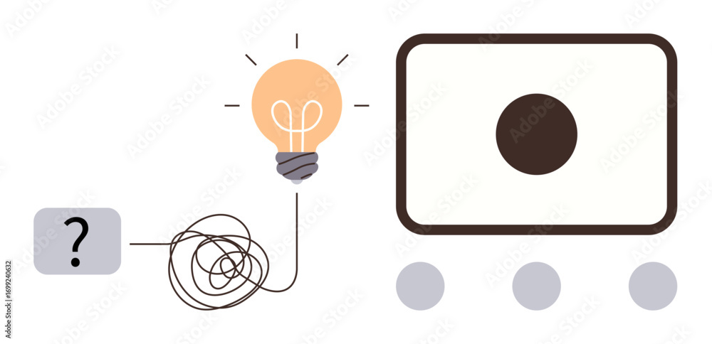 Poster lightbulb linked to tangled cable, question mark, and decision framework. ideal for innovation, crea