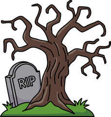 Cartoon Spooky Graveyard Tombstone with Dead Tree Illustration