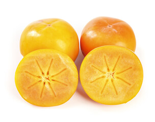 Fresh Persimmon Fruit Whole and Sliced on White Background Showing Star Pattern Interior