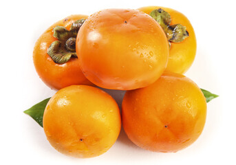 Fresh Ripe Persimmons with Water Drops on White Background - Healthy Autumn Fruit