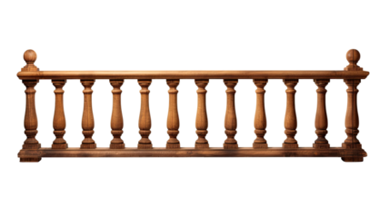 Classic wooden balustrade with vertical spindles and decorative posts for architecture isolated on white background