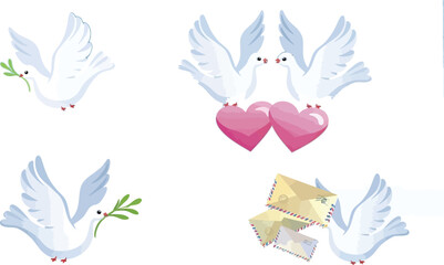 White doves carry peace branches and love hearts, symbolizing hope and connection in a serene sky