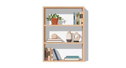 Stylized bookshelf with plant, vases and books in flat vector design