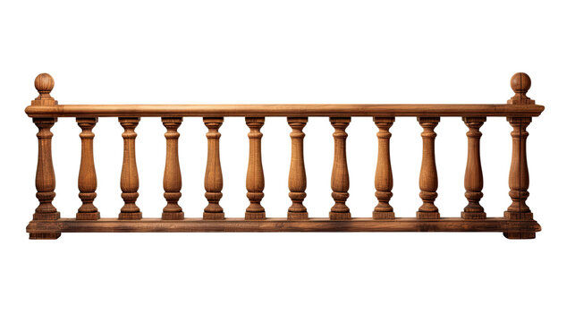 Classic wooden balustrade with vertical spindles and decorative posts for architecture isolated on white background