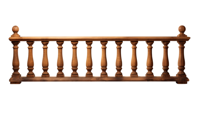 Classic wooden balustrade with vertical spindles and decorative posts for architecture isolated on white background