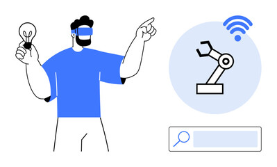 Man wearing VR headset, holding a light bulb, pointing to robotic arm icon with IoT signal. Ideal for innovation, technology, VR, IoT, robotics, future concepts simple landing page