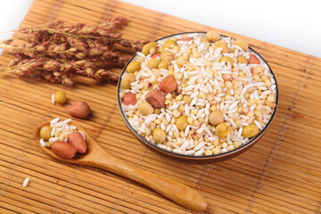 Mixed Grains Peanuts Soybean Rice Bowl Healthy Ingredients Cooking Nutrition Food Preparation Bamboo Mat