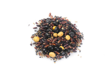 Assorted beans grains legumes black soybean peanut variety healthy protein food ingredients white background
