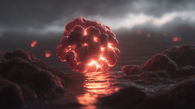 A single, complex, glowing molecule emerges from a dark, primordial aqueous solution, symbolizing the spark of life.