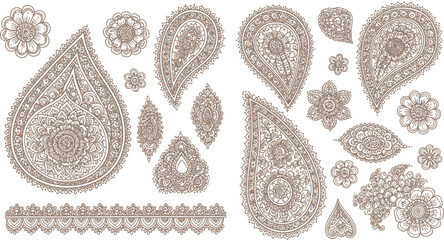 Intricate paisley and floral henna designs for elegant body art and decorative applications