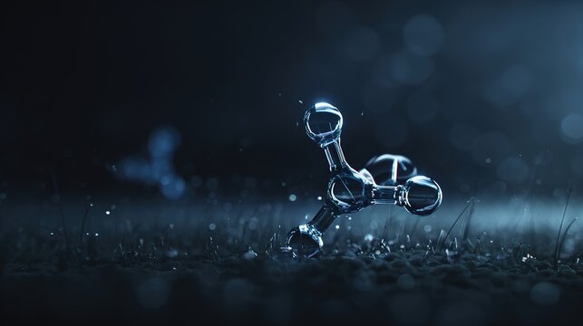 A single, complex, glowing molecule emerges from a dark, primordial aqueous solution, symbolizing the spark of life.