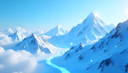 Abstract cloud computing concept with floating data cubes and network connections, bright blue and white color scheme