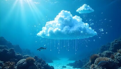 Abstract cloud computing concept with floating data cubes and network connections, bright blue and white color scheme