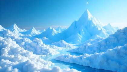 Abstract cloud computing concept with floating data cubes and network connections, bright blue and white color scheme