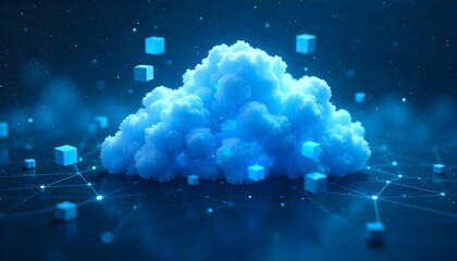 Abstract cloud computing concept with floating data cubes and network connections, bright blue and white color scheme