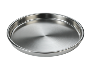 Circular stainless steel baking pan.  Smooth, polished surface.  Flat bottom, raised edge.  Perfect for baking