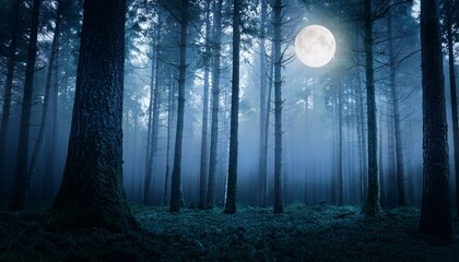 A Dark Misty Forest With Tall Trees Illuminated By Moonlight Creating An Eerie Mysterious Atmosphere