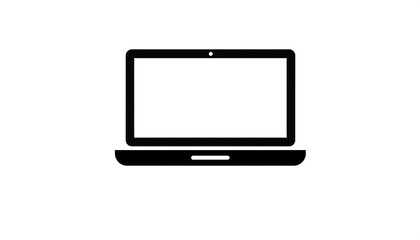 A simple, black silhouette of a laptop computer is presented against a plain white background.