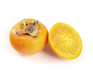 Fresh Fuping Persimmon Fruit Whole and Sliced on White Background - Sweet Asian Alpine Orange Fruit