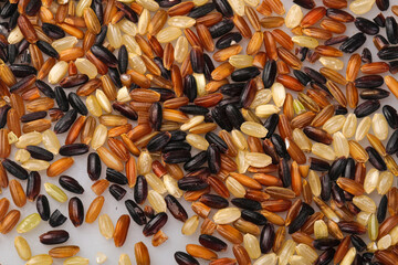 Colorful Mixed Rice Grains Varieties Brown Black Red White Organic Cereals Healthy Food Background
