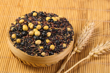 Mixed Grains Black Beans Soybeans Peanuts in Woven Basket Natural Health Food Ingredients