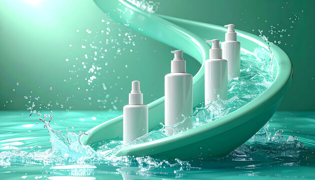 Creative 3D illustration of a cosmetic product line on a water park slide, symbolizing a fresh and hydrating skincare experience
