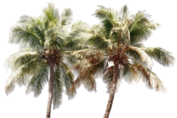 Two palm trees in a windstorm.  Fronds are blown, showing texture and movement