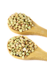 Mixed Buckwheat Rice Grains in Wooden Spoons White Background Healthy Organic Food Ingredients