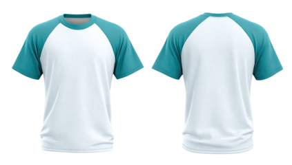 Front and back view of a short-sleeved t-shirt.  Color is teal accent sleeves and a white main body.  Simple design, classic fit