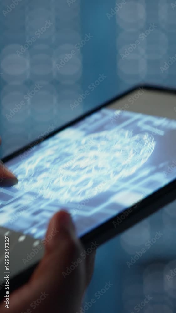 Aufkleber vertical video data center technician using machine learning on tablet to optimize operations. it sp