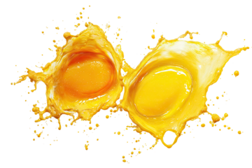 Two halves of a bright yellow fruit, perhaps an orange or mango, exploding in a vibrant splash of juice