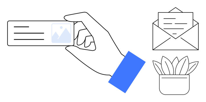 Hand holding business card next to an open envelope containing a letter and a small potted succulent plant. Ideal for business communication, networking, correspondence, professionalism, branding