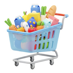 A 3D rendered illustration of a light blue shopping cart overflowing with a variety of colorful groceries and food items on a white background.