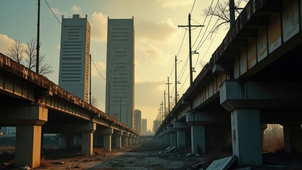 A wide shot of an elevated train track structure under a pale golden sunrise, stretching through a desolate urban landscape.