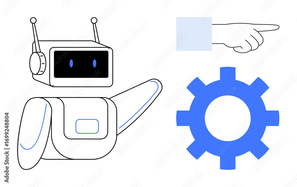 Poster robot with antenna and screen, pointing hand, blue gear element. ideal for technology, ai, robotics,