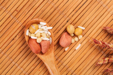 Eight Treasures Dried Peanut Soybean Mix Kit on Wooden Spoon - Traditional Healthy Snack Ingredients for Farmhouse Kitchen