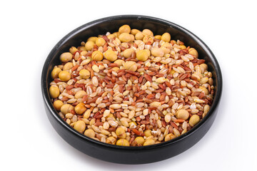Mixed Raw Grains Cereals Soybeans Peanuts Nuts Legumes Black Bowl Healthy Cooking Ingredients White Background