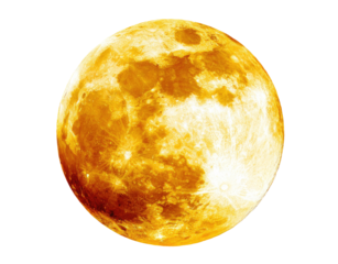 A vibrant, golden-orange full moon, sharply contrasted against a black background.  The lunar surface shows a mix of light and dark orange/yellow tones, appearing textured and detailed